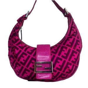 Authentic FENDI Zucca Mamma Pink Croissant Leather Canvas Shoulder Bag Purse